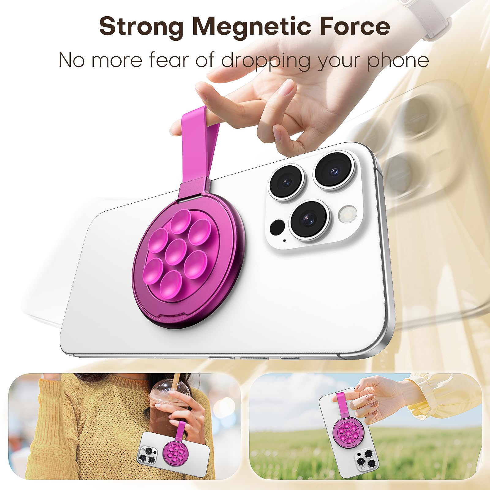 TAURI for Magsafe Suction Phone Grip - Universal Magnetic Suction Grip, 360° Rotating Hands-Free Holder, Silicone Suction Grip for iPhone 17 Pro Max/16/Android/S25,Hot Pink