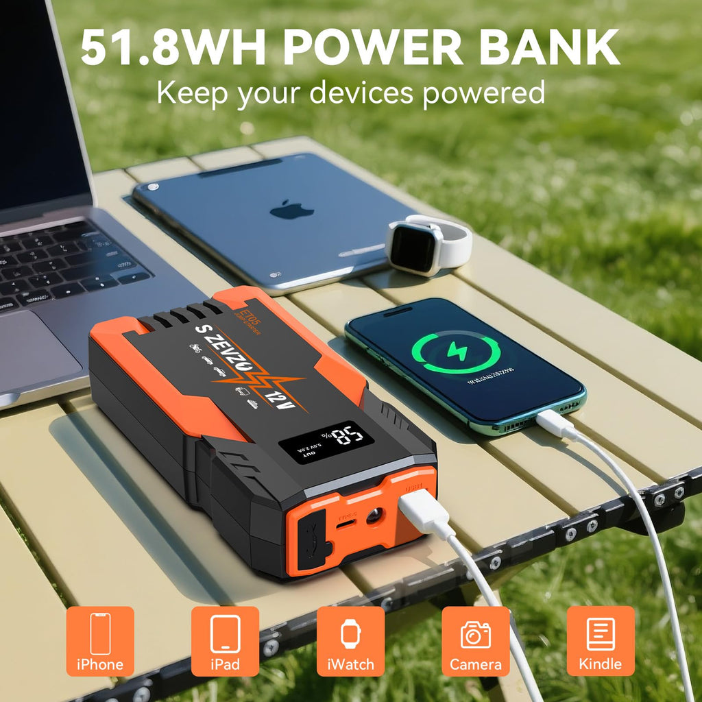S ZEVZO ET05 Jump Starter 5000A Portable Car Jump Starter Battery Pack (7.2L Gas/ 5.5L Diesel), 51.8Wh 12V Jump Box with USB Ports, LCD Display and 3 Modes Flashlight