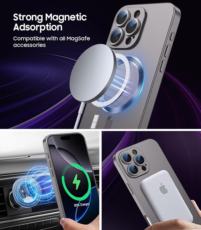 Magnetic for iPhone 16 Pro Max Case [Compatible with MagSafe][Built-in Camera Lens Protector] Slim Soft Silicone Bumper Shockproof Metallic Phone Shell (Titanium Gray)