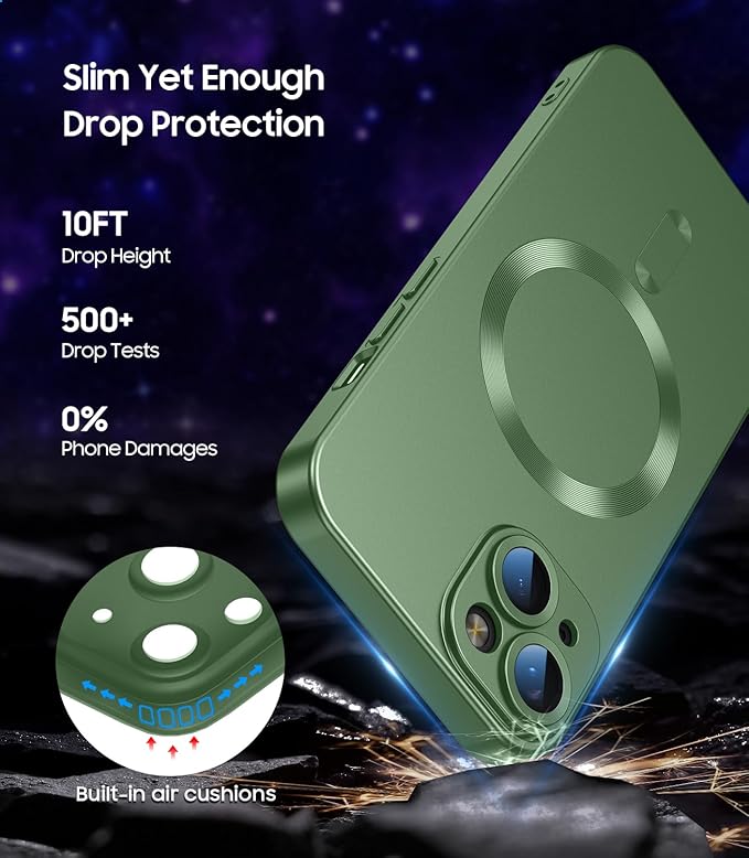 Magnetic for iPhone 14 Plus Case [Compatible with MagSafe][Built-in Camera Lens Protector] Slim Soft Silicone Bumper Shockproof Metallic Luster Phone Case (Green)