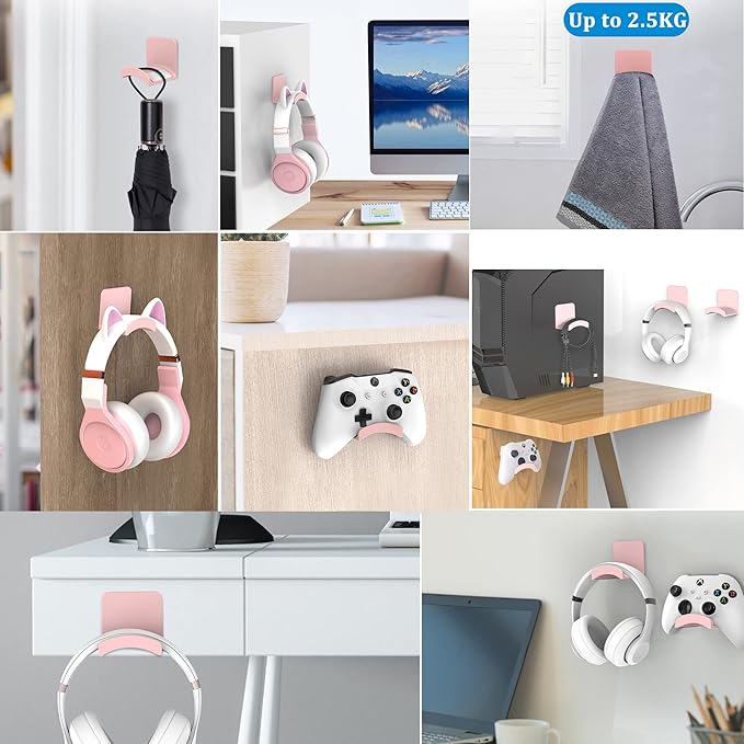 SOKUSIN Headphone Stand Headset Holder - Adhesive Gaming Earphones Hanger, Universal Desk Wall Mount Hook for All Headphone/Controller, Compatible with Beats, AirPods Max,Sony, JBL (Pink)