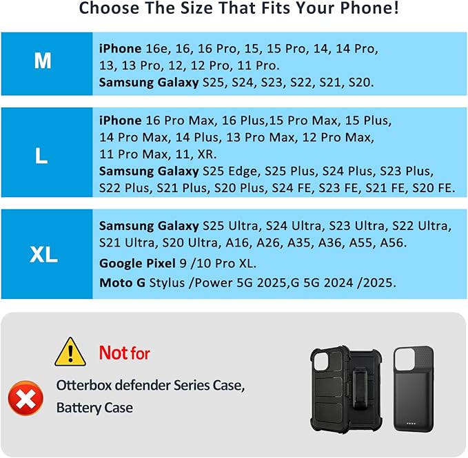 Phone Holster for Belt with Metal Clip and Magnetic Closure Compatible with iPhone 16/15/14/13/12 Pro Max, Galaxy S25/S24/S23/S22 Plus & FE for Everyday Protection, L-Black