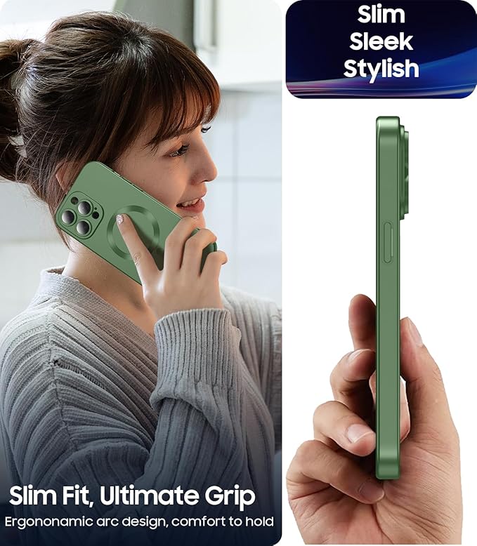 Magnetic for iPhone 14 Pro Max Case [Compatible with MagSafe][Built-in Camera Lens Protector] Slim Soft TPU Bumper Shockproof Metallic Luster Phone Case (Green)