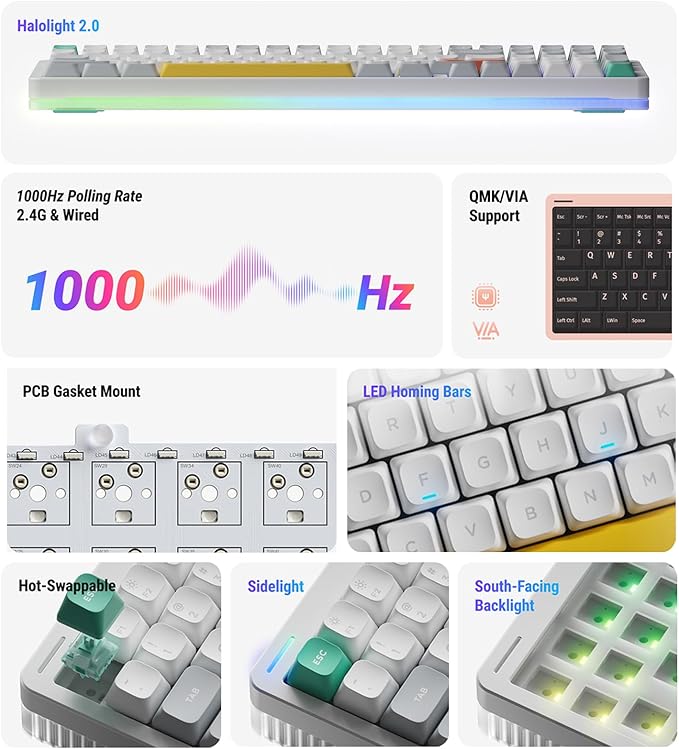 nuphy Halo96 V2 Wireless Mechanical Keyboard,Gasket Structure,96% Hot Swappable Gaming Keyboard, 99 Kyes RGB Backlit,Support QMK/VIA,Bluetooth/USB-C/2.4GHz-White,Mint Switches (37gf)