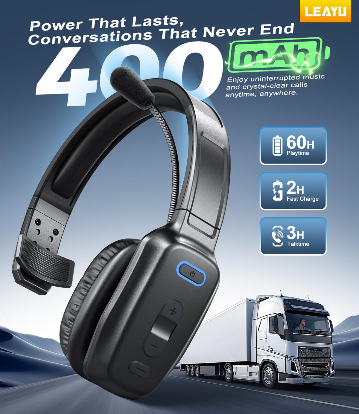 Trucker Bluetooth Headset, 60-Hour AI Noise-Canceling Mic for Driving