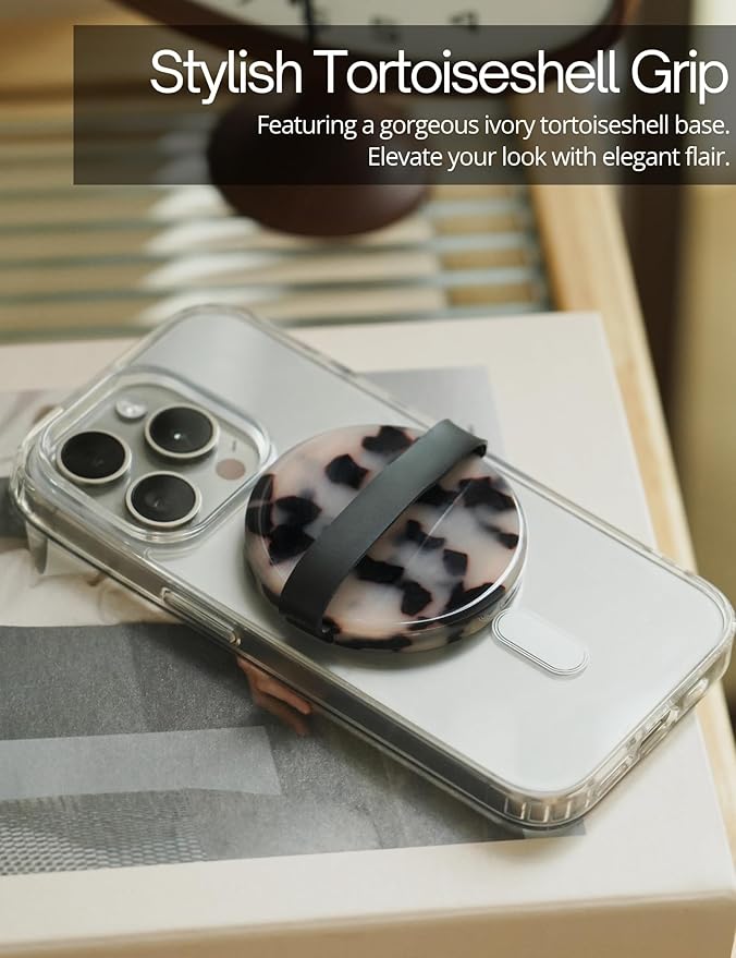 Heesch Tortoise Magnetic Phone Grip Loopy for Phone Case Ring Holder for iPhone Girly Finger Loop for Back of Phone Cute Mag Safe Grip Strap for Hand Removable MagSafe Accessories, Ivory Tortoise