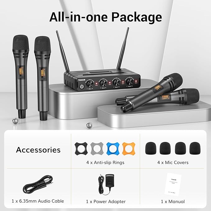 TONOR Wireless Microphones System with 4x10 Channels Cordless Handheld Microfono Inalambrico, 200FT UHF Range, Mics with Stable Signal Transmission for Karaoke Singing Party Church Wedding PA Speaker