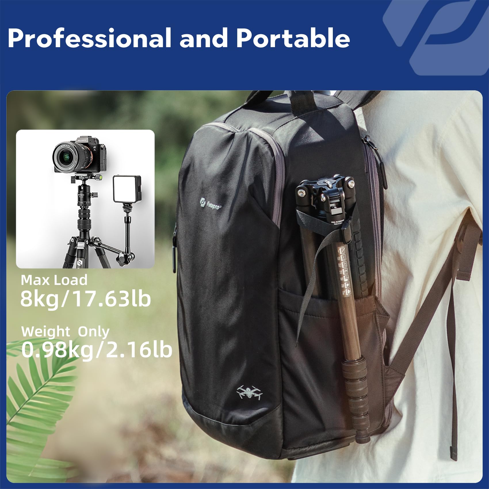 Fotopro 62" Carbon Fiber Travel Tripod, Lightweight Compact Camera Tripod with Ball Head and Arca-Swiss Quick Release Plate, Detachable Monopod, Carry Bag, Load up to 8KG/17.63lbs, Weighs only 2lbs.
