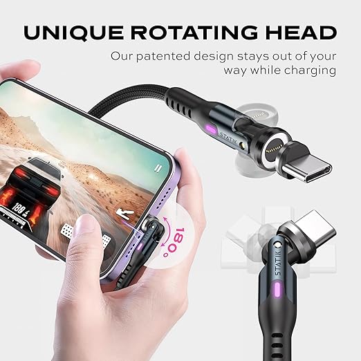 Statik 360 Pro Magnetic Charging Cable - Type C Charger Fast Charging 3 in 1 USB C to USB C Cable, Micro USB & iProduct Tips, USB A Adapter, Fits All Devices - 100W Fast Charger, Black 3FT/1M