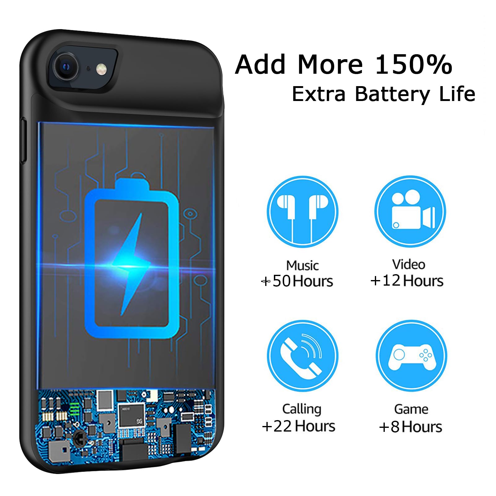 Battery Case for iPhone 8/7/6s/6/SE 3/SE 2, Upgraded 10000mAh Portable Battery Pack Charger Case Support Carplay Compatible with iPhone SE 3/SE 2/8/7/6s/6 (4.7 inch) External Charging Case (Black)