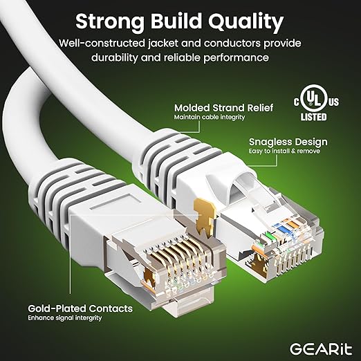 GEARit Cat 6 Ethernet Cable (50-Pack 3 Feet) Cat6 Network Patch, 10Gbps, RJ45, Snagless Cord, Gold-Plated Connectors, Internet for PC, TV, Tablet, Router, Printer, Servers, IT Data Center - White