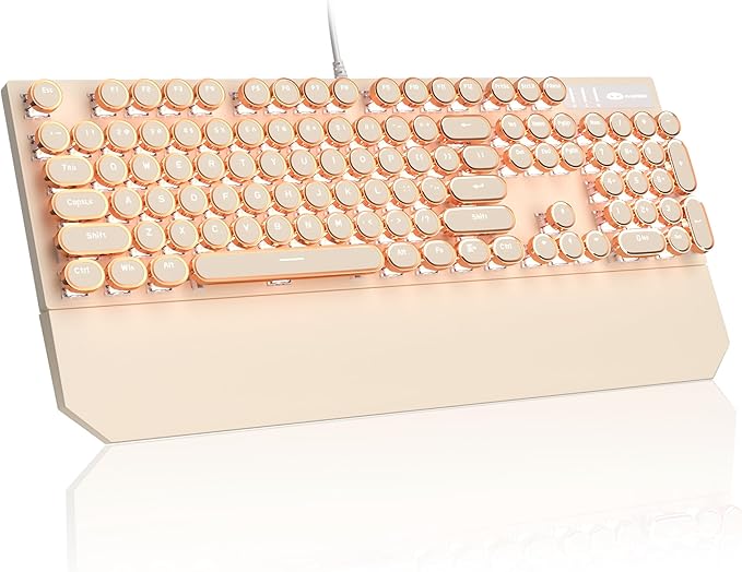 MageGee Typewriter Mechanical Gaming Keyboard, Retro Punk Creamy Round Keycaps, 104 Keys LED White Backlit Wired Keyboards for Laptop MAC PC Gamer, with Magnetic Wrist Rest, Blue Switch