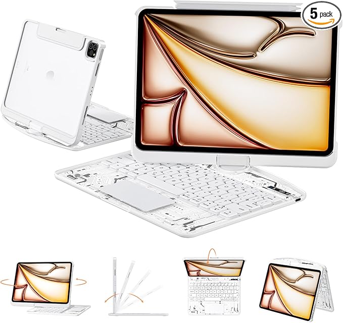 Transparent Case with Keyboard iPad Air (M3/M2,2025/2024) 11 Inch,Compatible 10.9" iPad Air 5th/4th & 11" iPad Pro 4/3/2/1,7-Color Backlit,Wireless Keyboard, 360°Rotating,with trackpad,White