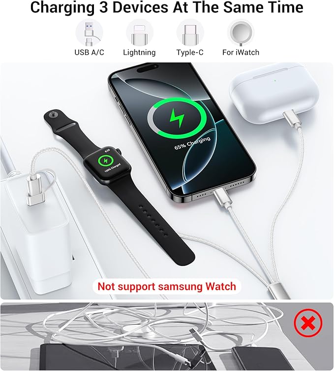 Temdan for Travel Vacation Essentials,3 in 2 USB C Cable for Apple Watch Charger/iPhone 16 Charger/Lightning,Multi Charging Cable Cord,Camping Essentials,Designed for iWatch &iPhone 16-12-5FT White