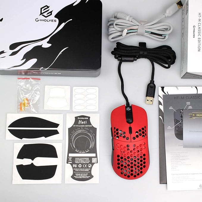 G-Wolves Hati HTM/HT-M Medium 56g Ultra Lightweight Honeycomb Wired Gaming Mouse, PixArt 3389 Sensor 16000 DPI, 6 Programmable Buttons, Low Latency, for PC/Mac (Faze Red)