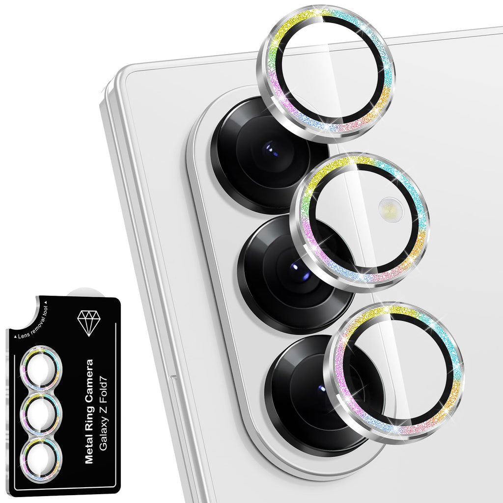 Avocase for Samsung Galaxy Z Fold 7 Camera Lens Protector, Individual Metal Ring Tempered Glass Lens Cover, [Strong Adsorption] Scratch Resistant Ultra-Thin HD Clear Lens Cover, 1 Set-Colorful Sparkly