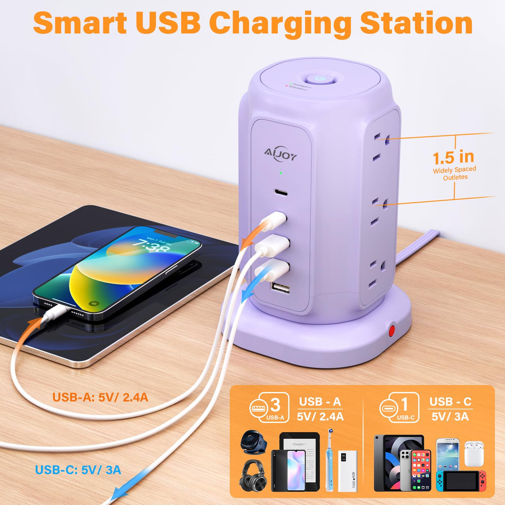 AiJoy Power Strip Tower with 9 AC Outlets and 5 USB Ports Charging Station