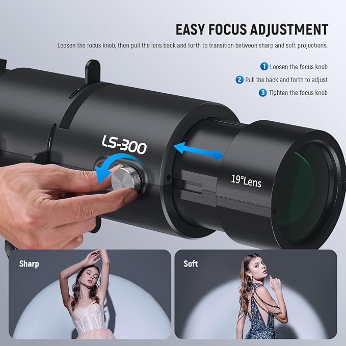 NEEWER LS-300 Spotlight Optical Snoot for 300W Bowens Mount LED Video Lights with 16x GOBO 19° Projection Lens 98% Light Transmittance Geometric Shaper for Creative Photography & Enhanced Illuminance