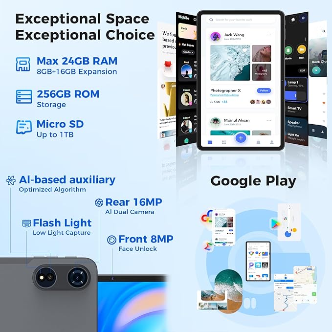 Tablet 12 inch Android 15 Tablets, 24GB（8+16）RAM+256 Storage(Expand to 1TB), Android Tablet with Keyboard, Octa-Core, 2K 2000x1200 Display, 16MP Dual Camera, 8000mAh, 5G WiFi,GPS,Bluetooth 5.0（Black）
