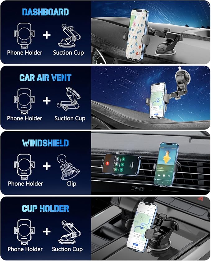 Wireless Car Charger, Fast Charging Phone Holder 3 in 1 Phone Mount Auto Clamping Car Accessories Compatible with iPhone 16 15 14 13 12 11 Xs XR, Samsung S23 Ultra S22 S21 S20/S10+ S9(Midnight Black)