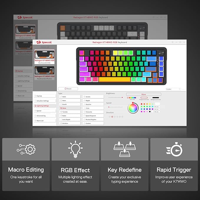 Redragon K714 Rapid Trigger HE Gaming Keyboard, 75% 81 Keys Wired Mechanical Keyboard w/Hyper-Fast Actuation Magnetic Switch, Actuation Point Adjustable, 8K Hz Polling Rate, Dedicated Control Knob