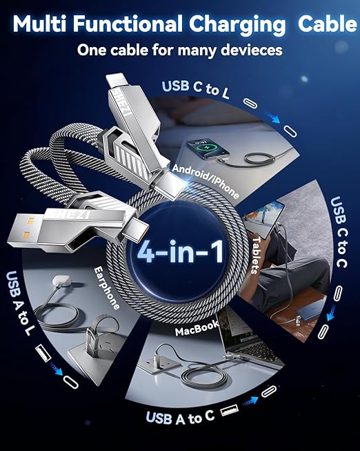 [One is Enough]4-in-1 USB C to Lightning Cable, 46W High-Speed Charging & Fast Data Transfer,CarPlay & Android Auto Support Multi Charger Cord Combo Lightning/Type C/USB A for iPhone/Samsung/iPad,5FT