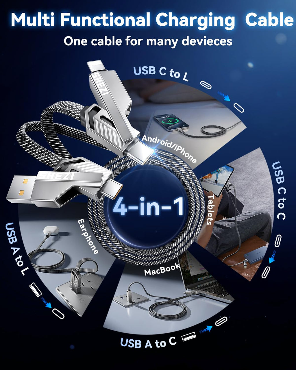 240W 4 in 1 USB C to Lightning Cable, Super Fast Charging & Data Transfer