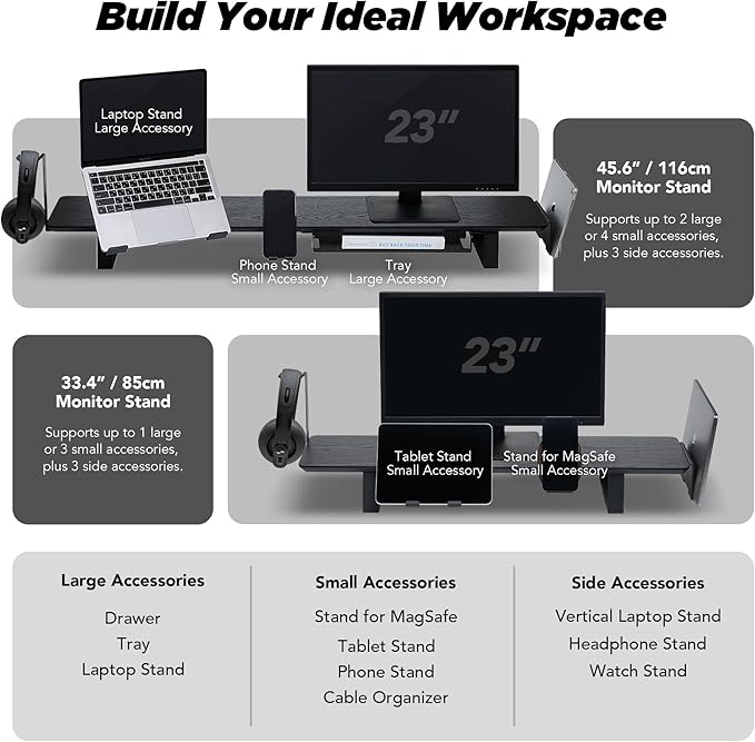 Moodular Wooden Monitor Stand 33.4” (85cm) Desk Organizer with Metal Slide Rails for Drawer, Tray, Laptop, Tablet, Phone & Headphones Customizable Riser for Organized Workspace Black MS85-B