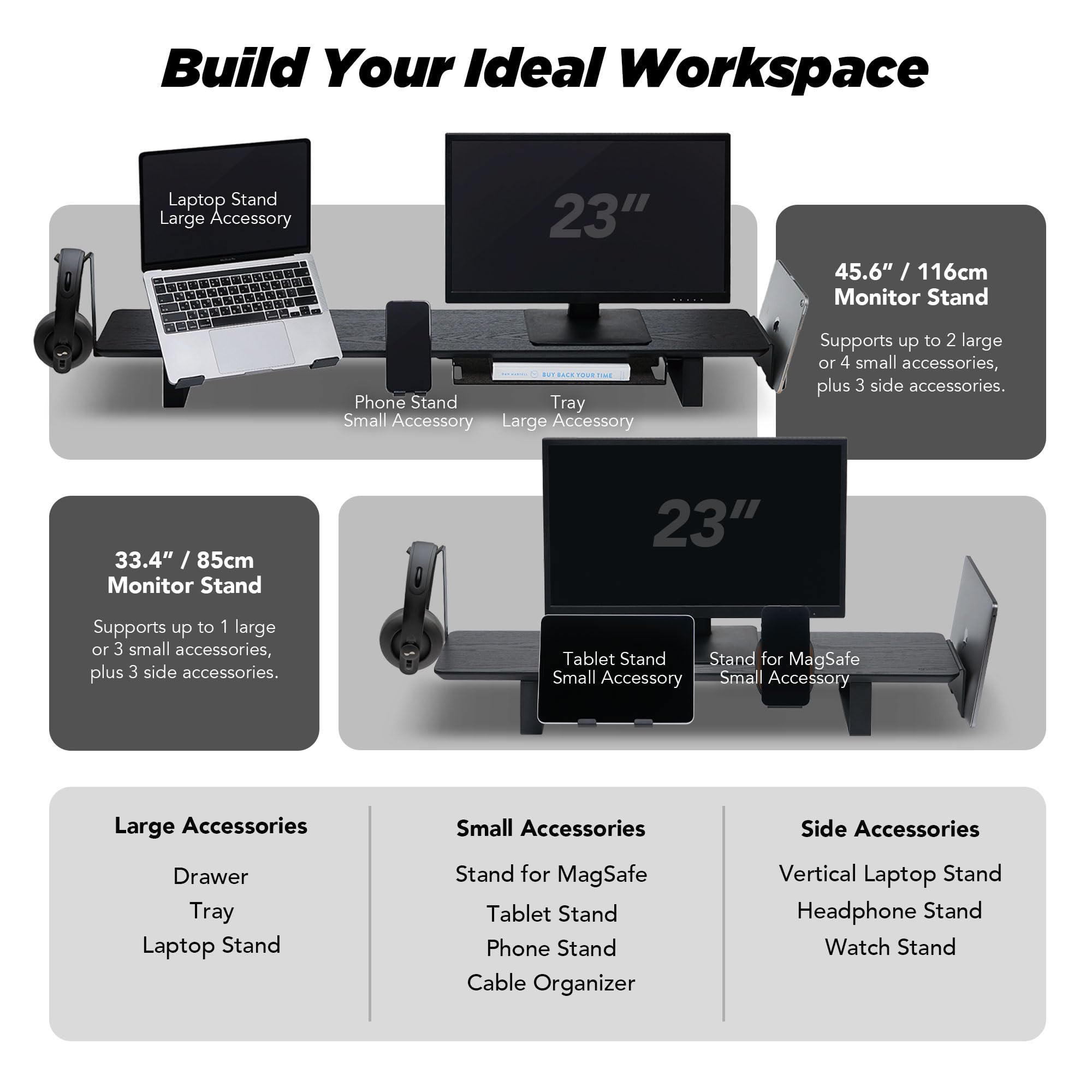 ULTRARM Moodular Wooden Monitor Stand Desk Organizer, Standard 33.4" Black