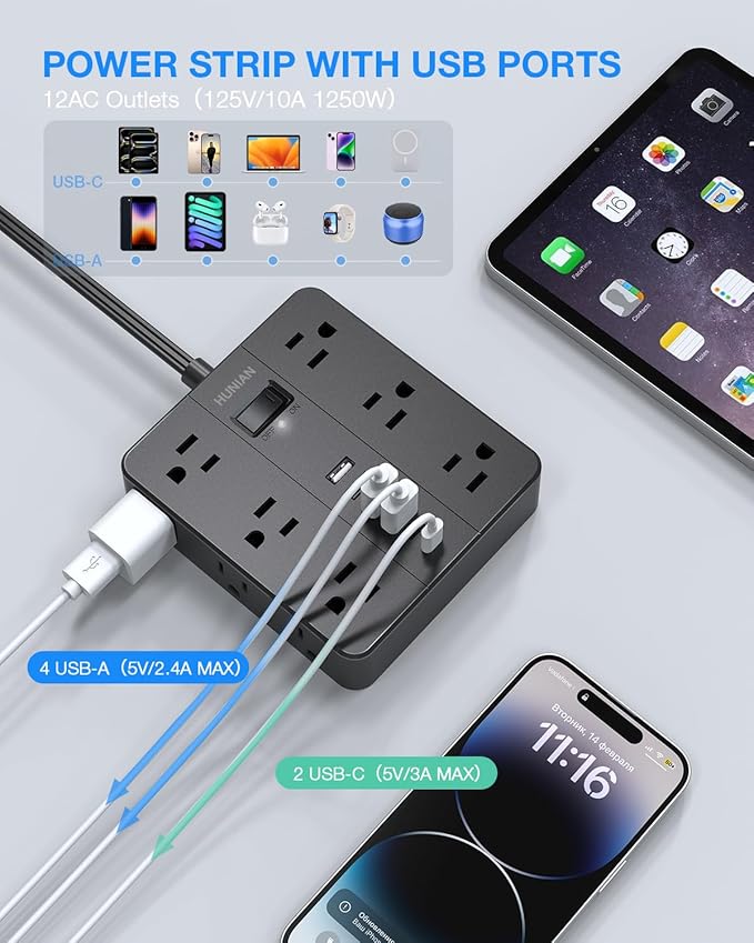 Power Strip Surge Protector, Flat Extension Cord Indoor 20 Feet, HUNIAN 12 Widely Spaced Outlets with 6 USB Charger (2 USB C Ports), Desk Charging Station for Home Office Supplies, Dorm Room, Black