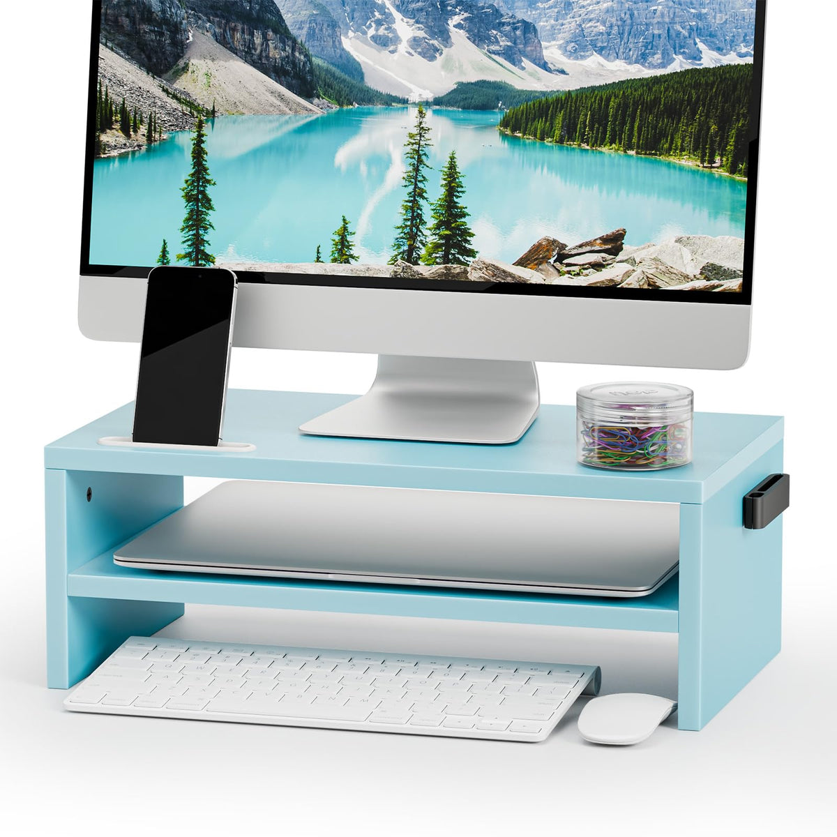 Marbrasse Monitor Stand Riser, 2 Pack 16.5 Inch 2 Tier Computer Monitor Stand, Printer Shelf Stand for Laptop Computer Screen Storagek,Desktop Stand with Phone Holder and Cable Management
