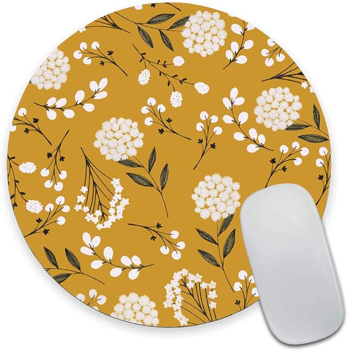 Round Mouse Pad, Cute Floral Mouse Pad with Design, Computer Mouse Mat, Non-Slip Rubber Base Mousepad, Waterproof Women Office Mouse Pads, Yellow Flowers