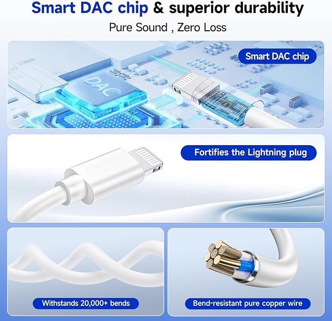 [Apple MFi Certified] 2-in-1 Charging & Audio Adapter for iPhone, Lightning to 3.5mm Headphone Jack Dongle Splitter, Supports Hi-Res Lossless Sound, Compatible with iPhone 14/13/12/11/XS/XR/8/7 3Pack