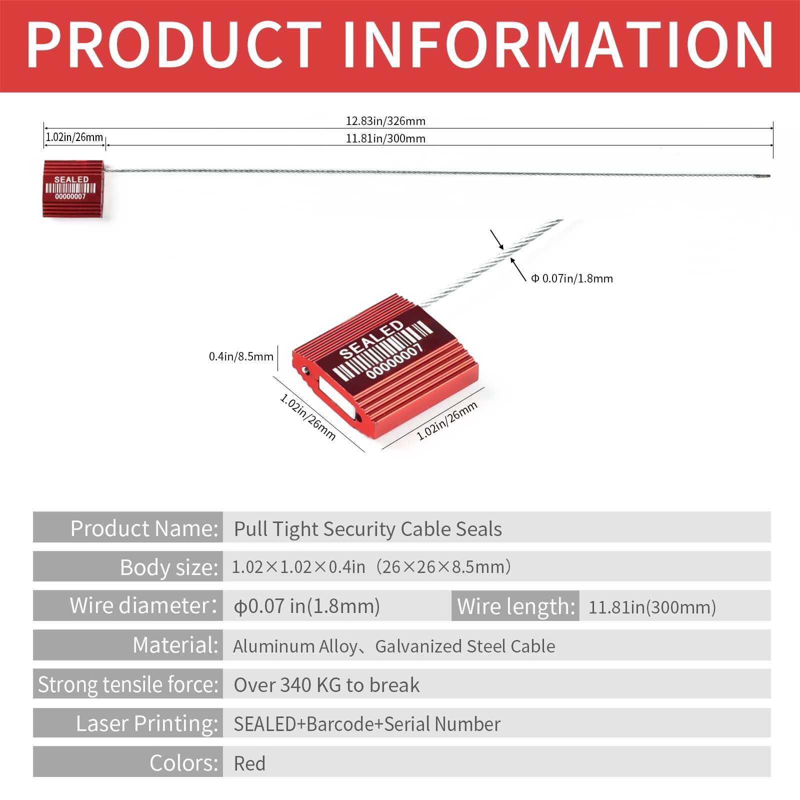 LeadSeals 100 Red Steel Cable Seals With Barcode - High Security Numbered Truck Anti-Tamper Pull Tite Tags - Metal Container Shipping Self-Locking Safety Ties ISO 17712
