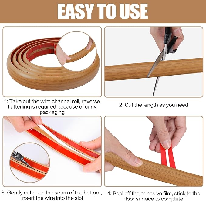 Floor Cord Cover Self Adhesive Cord Hider,10FT Cable Management, Extension Strip Protector for Wires, Prevent Cable Trips for Offices, Gyms, Exhibitions Cavity:0.3"(W) x 0.28"(H) Brown Wood