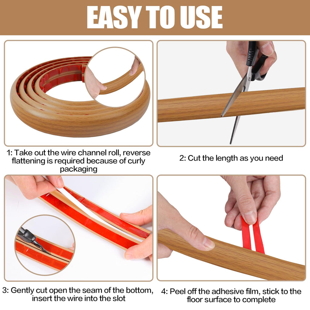 Floor Cord Cover Self Adhesive Cord Hider,10FT Cable Management, Extension Strip Protector for Wires, Prevent Cable Trips for Offices, Gyms, Exhibitions Cavity:0.51"(W) x 0.3"(H) Brown Wood