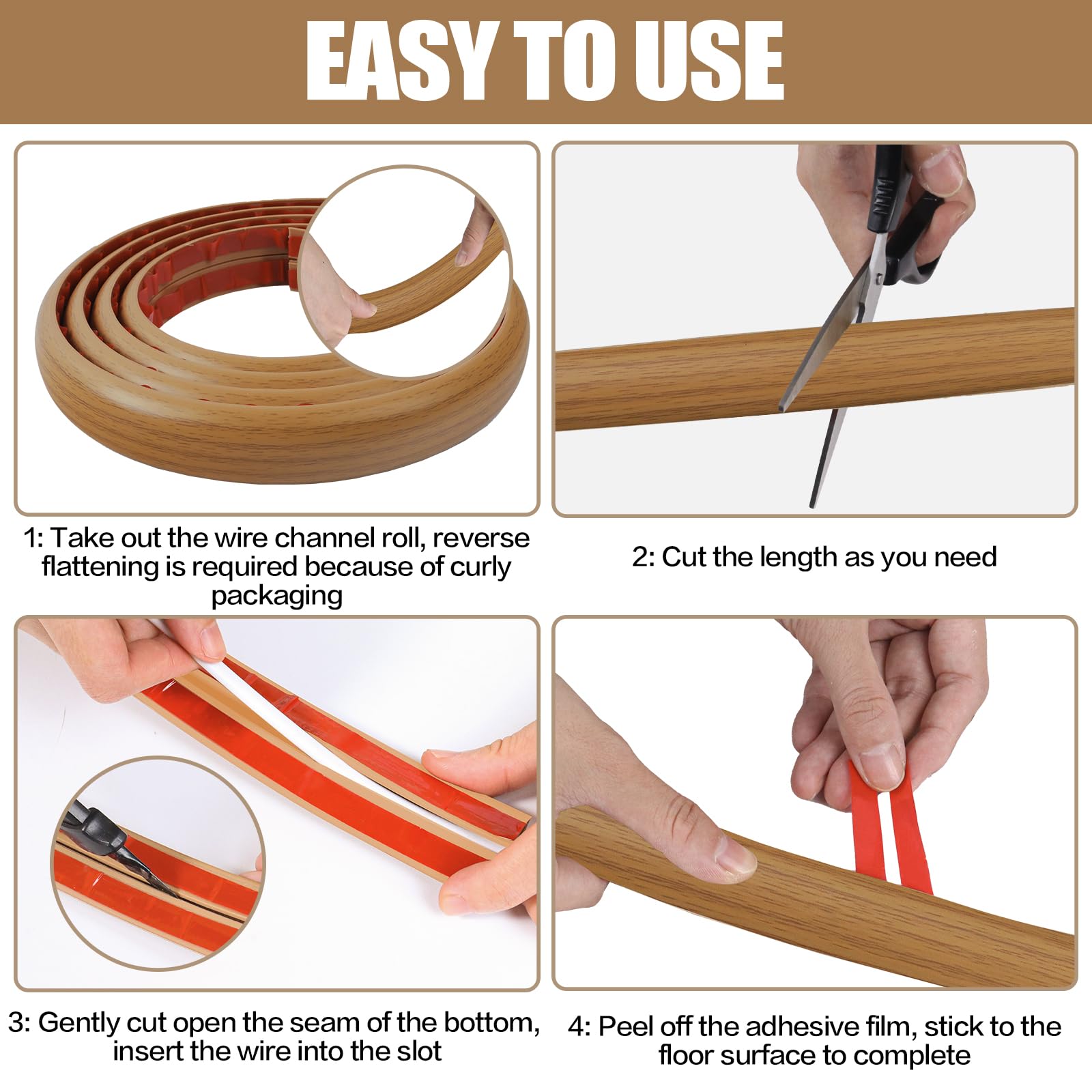 Floor Cord Cover Self Adhesive Cord Hider,10FT Cable Management, Extension Strip Protector for Wires, Prevent Cable Trips for Offices, Gyms, Exhibitions Cavity:0.51"(W) x 0.3"(H) Brown Wood