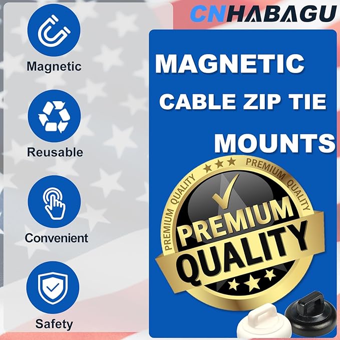 Magnetic Cable Zip Tie Mounts Clips Multipurpose Zip Ties Mount Base Holder Wire Cable Holder Mount Wire Clips Management for Home Office Marine Electrical Wiring (White, 40 Piece)