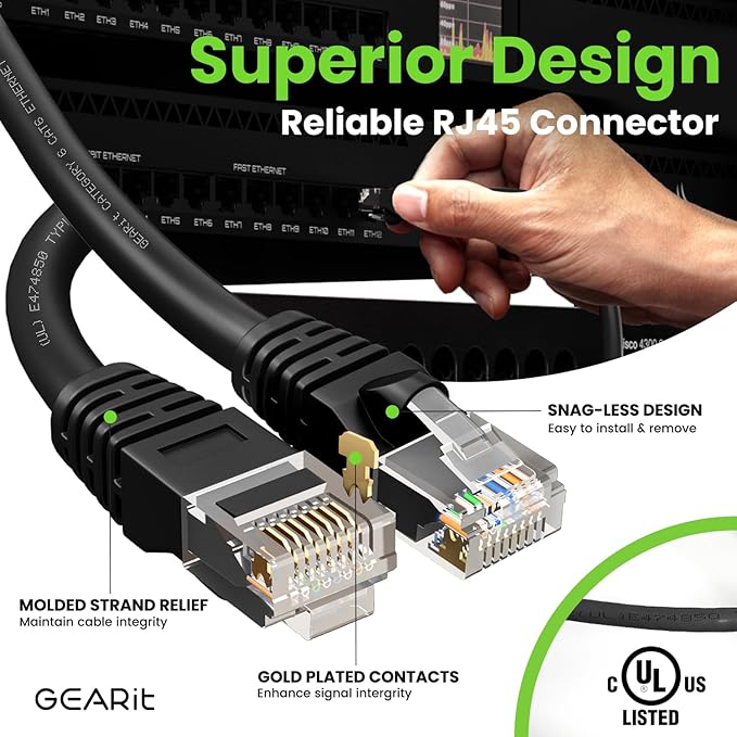 GEARit Cat 6 Ethernet Cable Pack - 10-Pack 7 ft Cat6 Ethernet Patch Cables | RJ45 Network Patch Cable, 10 Gbps Snagless Gold-Plated Connectors - Ethernet Cable Cat 6 for PC, TV, Router - Black