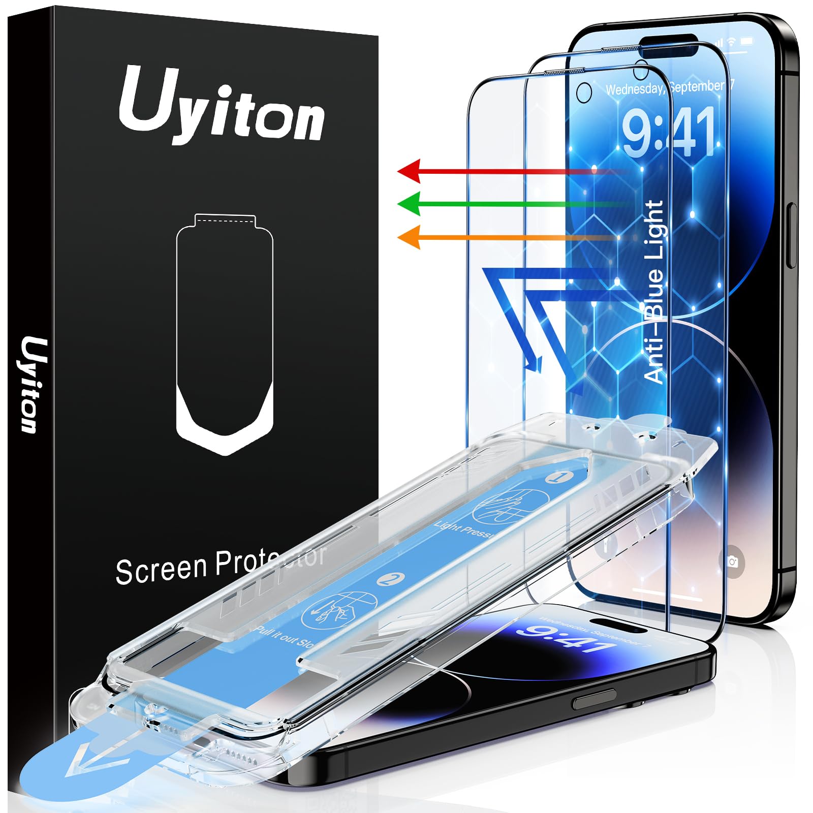 Uyiton Anti-Blue Light for iPhone 14 Pro Screen Protector - Unbreak-Glass Easy to Install Full Coverage Case Friendly Scratch Resistance 9H Tempered Glass Screen Protector for iPhone 14 Pro, 2 Pack