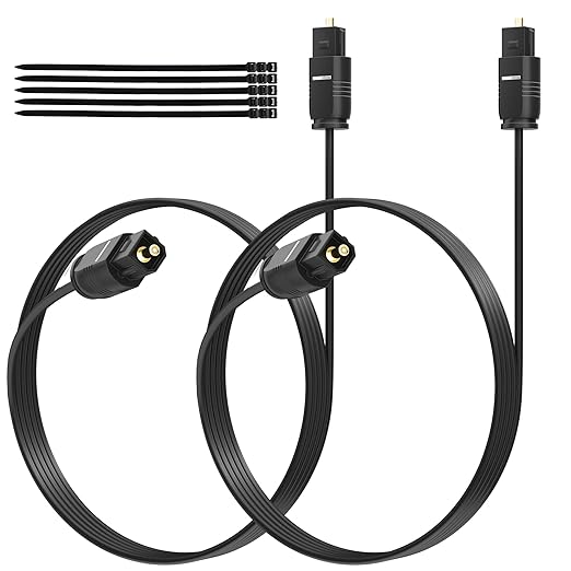 Adoreen Ultra-Thin Slim Digital Optical Audio Cable 6 FT/2 Pack, Fiber Optic Toslink SPDIF Cord Gold-Plated High-Speed Flexible & Durable for TV Soundbar Home Theater Game Console PS4 Xbox +Ties