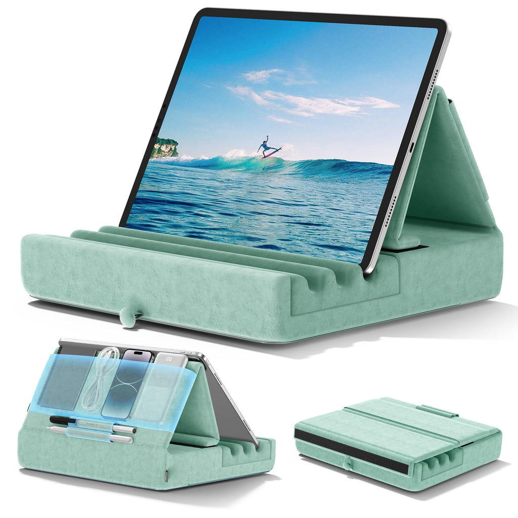 KDD Tablet Pillow Holder, Foldable iPad Stand for Lap, Bed and Desk -Tablet Soft Pad Dock with Pocket & Stylus Mount Compatible with iPad Pro 12.9, 10.5, 9.7 Air Mini 6 5 4 3, Galaxy Tab, E-Reader