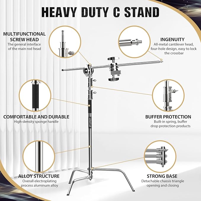 LOMTAP C Stand Light Stand Stainless Metal Photography Kit - Heavy Duty 10.8ft/330cm Vertical Pole, 4.2ft/128cm Boom Arm, Adjustable Base, Water Sandbag, 2 Grip Heads, 3 Clips for Softbox, Reflector