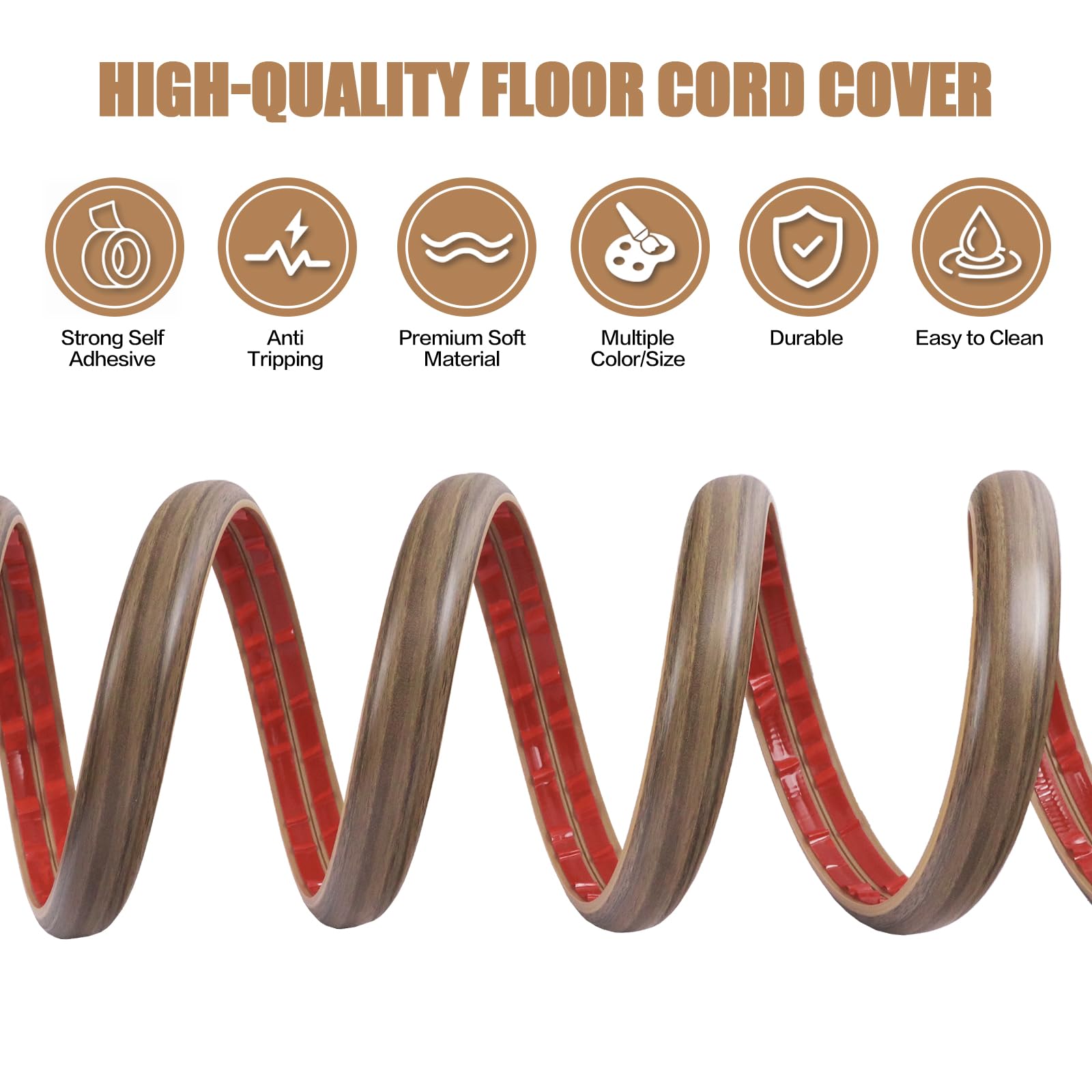 Floor Cord Cover Self Adhesive Cord Hider,3.3FT Cable Management, Extension Strip Protector for Wires, Prevent Cable Trips for Offices, Gyms, Exhibitions Cavity:0.39"(W) x0.27(H) Woodsmokedbrown