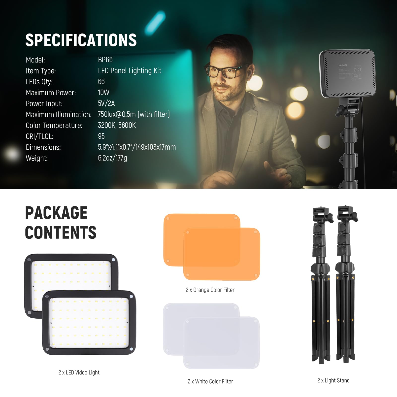 NEEWER Basics 2 Pack LED Video Light Panel Lighting Kit, Bi Color Dimmable Portable Studio Lights with Stands & Filters, 3200K-5600K 750lux CRI95 for Video Recording Live Streaming Photography, BP66