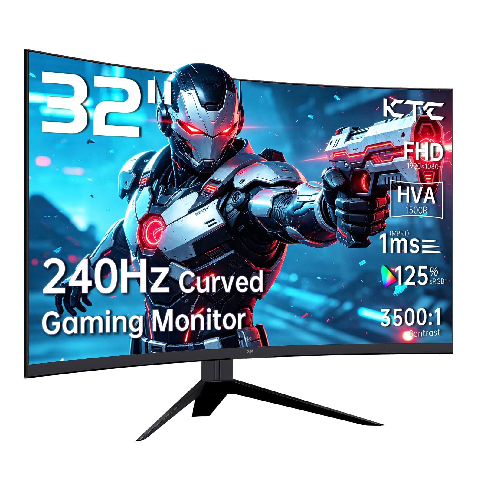 KTC 32 inch 240Hz Curved Gaming Monitor, 1500R 1080P Curved Monitor 1ms, Adaptive Sync, HDR10, 125% sRGB, HDMI 2.0 x2 & DP1.4 x1, VESA, Tilt Adjustable,Xbox PS5 Switch, Black, H32S17F