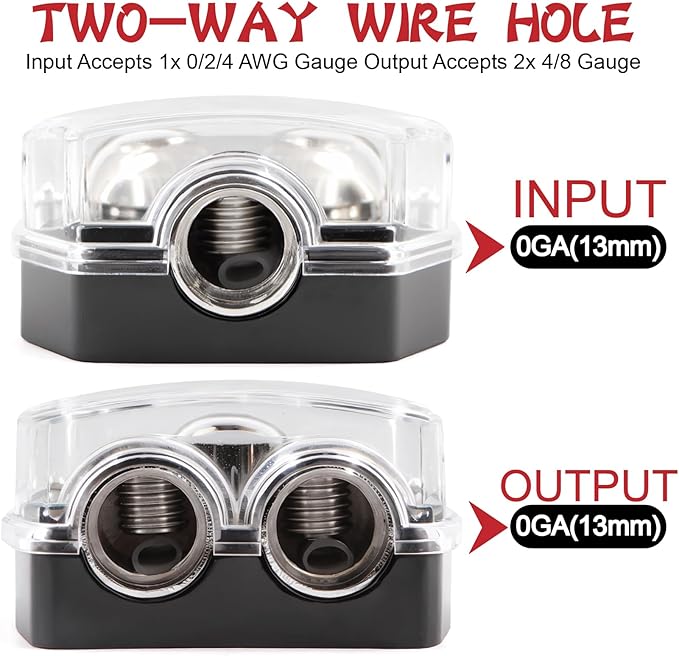 2 Way Power Distribution Block 1x 0 GA in 2X 0 GA Out Circuit Protector Distribution Connecting Blocks for Car Audio Splitter,2Pcs with Installation Kit