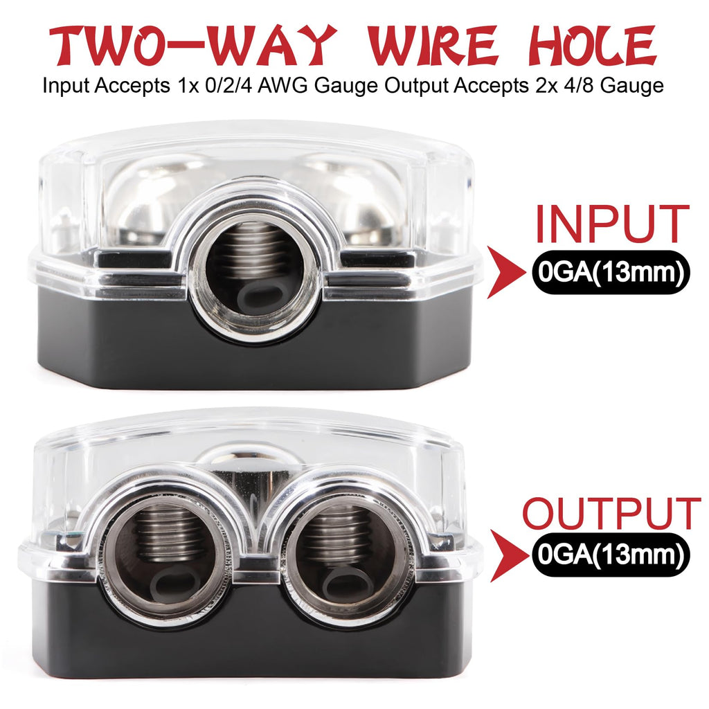 TuoLauthon 2 Way Power Distribution Block 1x 0 GA in 2X 0 GA Out Circuit Protector Distribution Connecting Blocks for Car Audio Splitter,2Pcs with Installation Kit