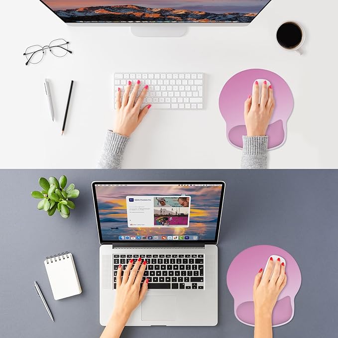 ITNRSIIET Ergonomic Mouse Pad with Wider Memory Foam Wrist Rest +17%, Curved Cushion Reduces Pressure 20%, Pain Relief, Non-Slip, Smooth, Cute Color Desk Accessory, 9.85 x 9 inch, Soft Pink Gradient