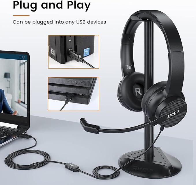 USB Headset with Microphone for PC Laptop, Wired Computer Headset Environmental Noise Canceling Headphones with Mic Mute & Volume Control, On Ear Lightweight Comfort for Work, Office/Call Center/Skype